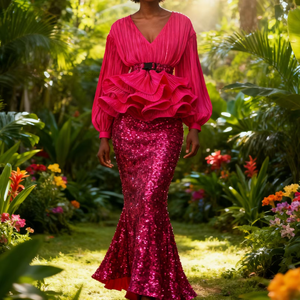 Conjunto de 2 piezas de moda africana para mujer: Camisa brillante con cuello en V, manga farol y dobladillo con volantes, y falda de cintura alta con lentejuelas - Product Image 3