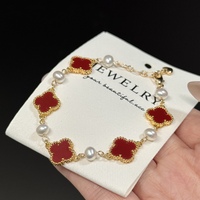 Set Perhiasan Semanggi Merah Empat Daun Cina Kalung Gelang Anting Mutiara Air Tawar Alami Buatan Tangan Perhiasan Keberuntungan Grosir