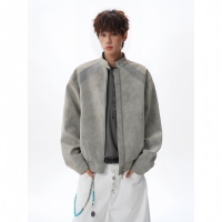 Blouson bomber pour homme en daim texturé, col montant, fermeture éclair intégrale, style décontracté, avec empiècements contrastants côtelés aux épaules