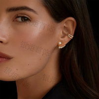 LOZRUNVE Boucle d'oreille manchette double bande en argent sterling 925 de luxe avec zircon cubique et aigue-marine