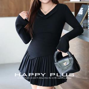 Runqi Top de manga larga con hombros descubiertos para mujer N9011 Talla grande con dobladillo irregular de punto en color gris liso - Product Image 5