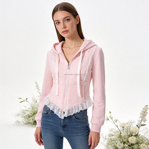 Sudadera con capucha de forro polar rosa con ribete de encaje personalizada OEM <span class=keywords><strong>para</strong></span> mujer, estilo Y2K, con cremallera y volantes, estética coquette, asimétrica y ajustada. - Product Image 1