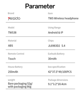 Auriculares Inalámbricos Yesido BT5.4 con Control Remoto Táctil TWS, Larga Duración de Uso, Sonido Estéreo, Auriculares Inalámbricos TWS38 - Product Image 5
