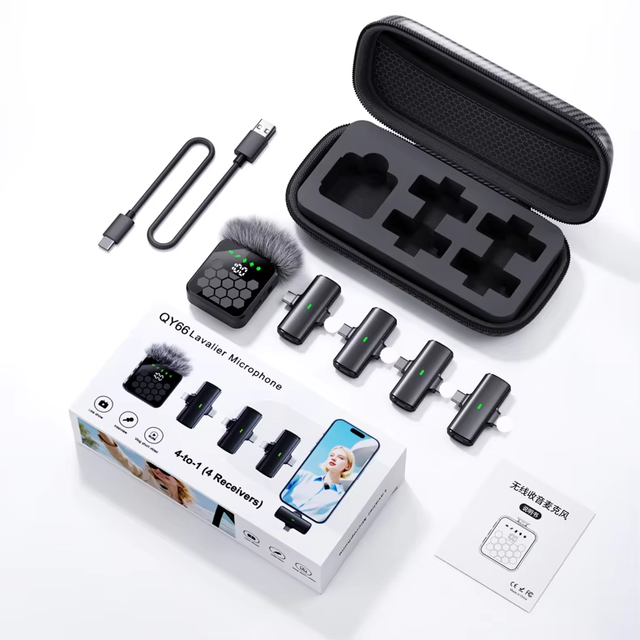 QY66 Wireless Omnidirectional Lavalier Microphone System with Noise Cancellation for Portable Multi-User Recording