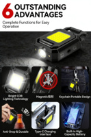 Lampe de travail LED COB rechargeable USB étanche IP54, 550 lumens, portable, avec porte-clés, portée du faisceau 200-300M, vente en gros