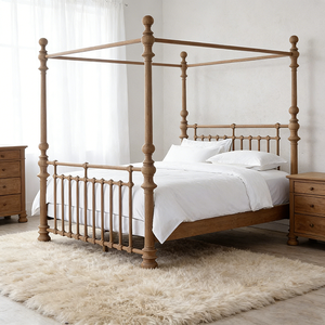 Hot Selling French Bedroom Furniture Vintage Solid Wood Oak king Size <b>Rattan</b> <b>Bed</b> - Product Image 5