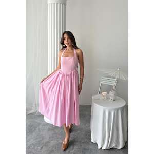 Robe en lin rose à col halter, coupe trapèze, dos nu, respirante, pour soirée ou décontractée - Product Image 5