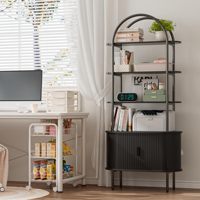 Étagère arquée de 71 pouces de hauteur avec portes coulissantes, style moderne du milieu du siècle, en panneaux de particules, incurvée, 4 niveaux, rangement ouvert, grande capacité pour salon