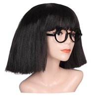 Perruque bouclée noire moyenne et moelleuse pour femmes adultes avec frange coupée et monture ronde en verre