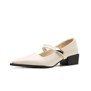 Chaussures Mary Jane à bout pointu, bride en T, talon bloc de hauteur moyenne, doublure en cuir, couleur unie, confortables, escarpins pour femmes - Product Image 5