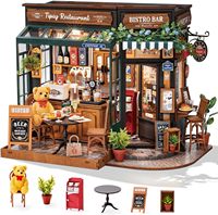 Kit Rumah Boneka Miniatur Bar Kopi Kayu DIY Skala 1:18 Restoran Tipsy Puzzle 3D dengan Lampu LED Diorama Dekorasi Rumah