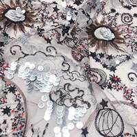 Tissu brodé de sequins étoiles et lune cosmiques en maille noire et argentée, plusieurs couleurs, en stock, livraison rapide USA Europe Moyen-Orient