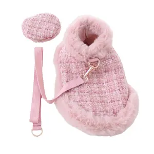 New Designer Luxury pink tweed fabric wool Cape Set Pet Clothes three-piece Coat Dog Collar Jumpers Cat Puppy Dresses