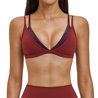 Soutien-gorge de sport OEM personnalisé pour femme, en nylon ultra-doux, à fines bretelles, en V, avec bordure contrastante, idéal pour la gym et l'entraînement