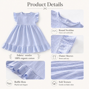 Vestito Estivo per Neonati e Bambini con Maniche a Volant <span class=keywords><strong>in</strong></span> <span class=keywords><strong>Cotone</strong></span> Organico e Garza Stropicciata - Product Image 3