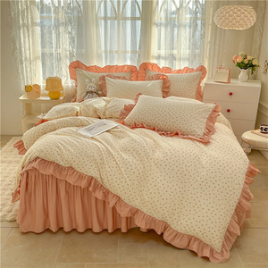 Parure de lit 4 pièces en coton pur style coréen avec imprimé floral, jupe de lit princesse, utilisation quatre saisons - Product Image 4