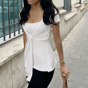 Haut décontracté chic pour femme, col carré uni, noué sur le devant, manches courtes, coupe trapèze ample, ajusté, été 2026 - Product Image 3