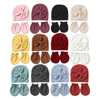Gorro de Algodón Sólido para Bebé Recién Nacido + Juego de Manoplas Antiarañazos con Lazo Grande