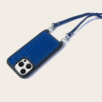Étui de téléphone de luxe en cuir véritable bleu croco avec cordon, gaufré, pour 18 Pro Max, ajustement fin, antichoc, OEM, personnalisé en usine