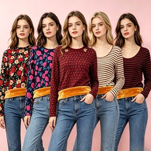 Camiseta térmica de mujer SJ011 con estampado floral y forro polar, <span class=keywords><strong>cuello</strong></span> <span class=keywords><strong>redondo</strong></span>, cálida, informal, para mujer, 2.95 dólares. - Product Image 1