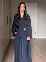 Setelan Pakaian Wanita Baru Sederhana V-Neck Lengan Panjang Kancing Logam Kasual Longgar Anti Kusut Jaket dengan Celana