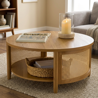 Table basse ronde moderne en bois avec étagère de rangement et design en panneaux de rotin pour le mobilier de salon