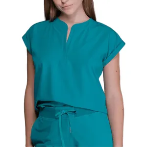 来样定做女性氨纶纽扣正面时尚风格女性短袖医用慢跑者中国性感护士磨砂制服