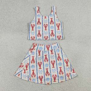 ชุดเซ็ตเสื้อครอปท็อปและกระโปรงลายเบสบอลและกุ้งล็อบสเตอร์ 2 ชิ้น สำหรับเด็กวัยเตาะแตะ สไตล์ลำลอง ผลิตจากผ้าสแปนเด็กซ์/โพลีเอสเตอร์ เป็นมิตรต่อสิ่งแวดล้อม - Product Image 2