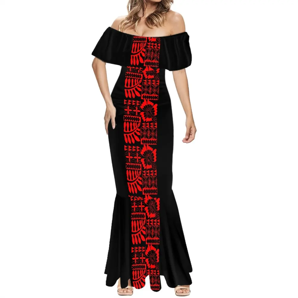 7XL Maxi Cocktail Evening Mermaid Dress Off Shoulder Ruffle Dress Polynesian Tribal Clothing Samoa Black Red Print Bodycon Dress