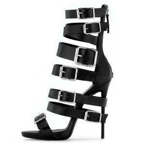 Botines de tacón alto con punta abierta y hebillas metálicas para mujer, con cremallera trasera, estilo sandalia y tacón de aguja delgado, ideales para verano. - Product Image 2