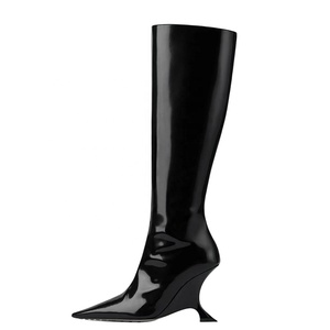 Silver Patent Women Knee High Boots Thin Heel Strange Wedges Shoes Pointed Toe on Women's Stage <b>Long</b> Booties - Product Image 2