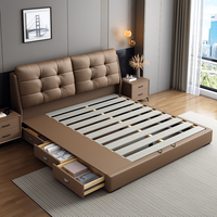 JUNYUHAO Modernes Italienisches Luxus-Lederbett Gepolstert Gesteppt Weiches Bett mit Stauraum Beleuchtet Ergonomischer Kiefernholzrahmen Queen King Größen