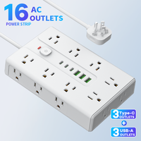 Multiprise industrielle VINISEM ABS 10A avec protection contre les surtensions, 16 prises, 3 USB-A, 3 USB-C, 3 ports, 1250W, pour hôpital et maison