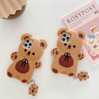Coque en silicone pour iPhone 17 air 16 15 14 Pro Max en caoutchouc souple marron avec accessoires et couverture arrière mignonne 3D Cartoon Bow Biscuit Bear