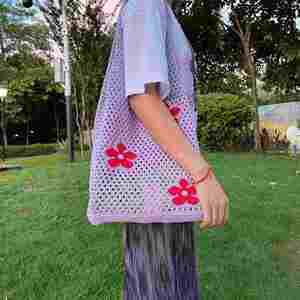 Bolso de mano de ganchillo con patrón floral de primavera 2024, de moda, de malla hueca, estilo rústico, impermeable con cierre de cremallera - Product Image 3