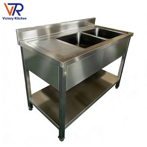 Évier double en acier inoxydable épaissi VCT, cuve droite avec égouttoir gauche, 180*70*90mm, station de lavage industrielle - Product Image 1