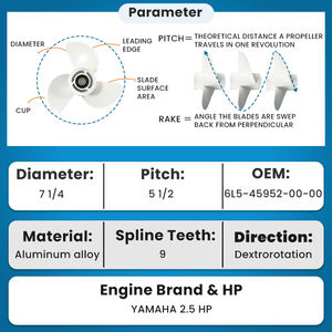 Hélice marine à 3 pales 6L5-45952-00-00 pour moteur <span class=keywords><strong>Yamaha</strong></span> 2,5 CV, 7 1/4"x5 1/2", en alliage d'aluminium, pour moteur <span class=keywords><strong>hors</strong></span>-<span class=keywords><strong>bord</strong></span> - Product Image 2