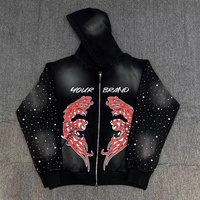 Sweat à capuche zippé de haute qualité, style streetwear, ourlet côtelé, 100% coton, longueur standard, imprimé, bords bruts, effet vintage, strass