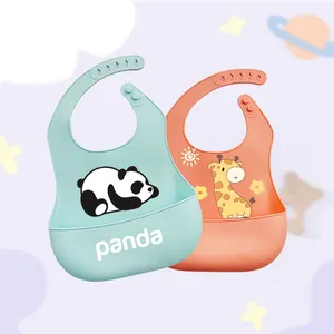 Manufacturer Custom Animal Printed BPA Free Baby Silicone Bib Feeding Waterproof Silicone Baby Bibs For Babies With Food Catcher