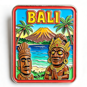 Pin Metálico de Recuerdo de Bali, Forma Rectangular, Esmalte Duro, Diseño de Arte Folclórico, Palmeras, Escena de Montaña, Regalo de Viaje - Product Image 4
