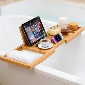 Bandeja de Baño Extensible de Bambú Natural de 29 a 41 Pulgadas con Soporte para Tablet y Ranura para Copa de Vino para Bañeras con Patas y Bañeras de Esquina - Product Image 2