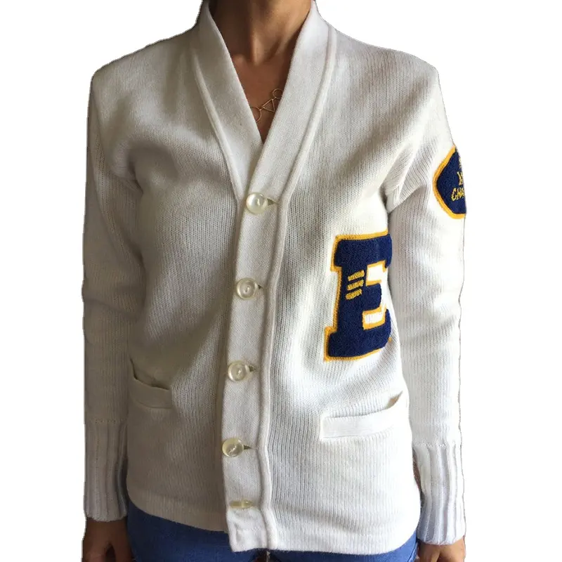 Sweater cardigan wanita 100% katun bordir chenille logo huruf sweater rajut dapat disesuaikan