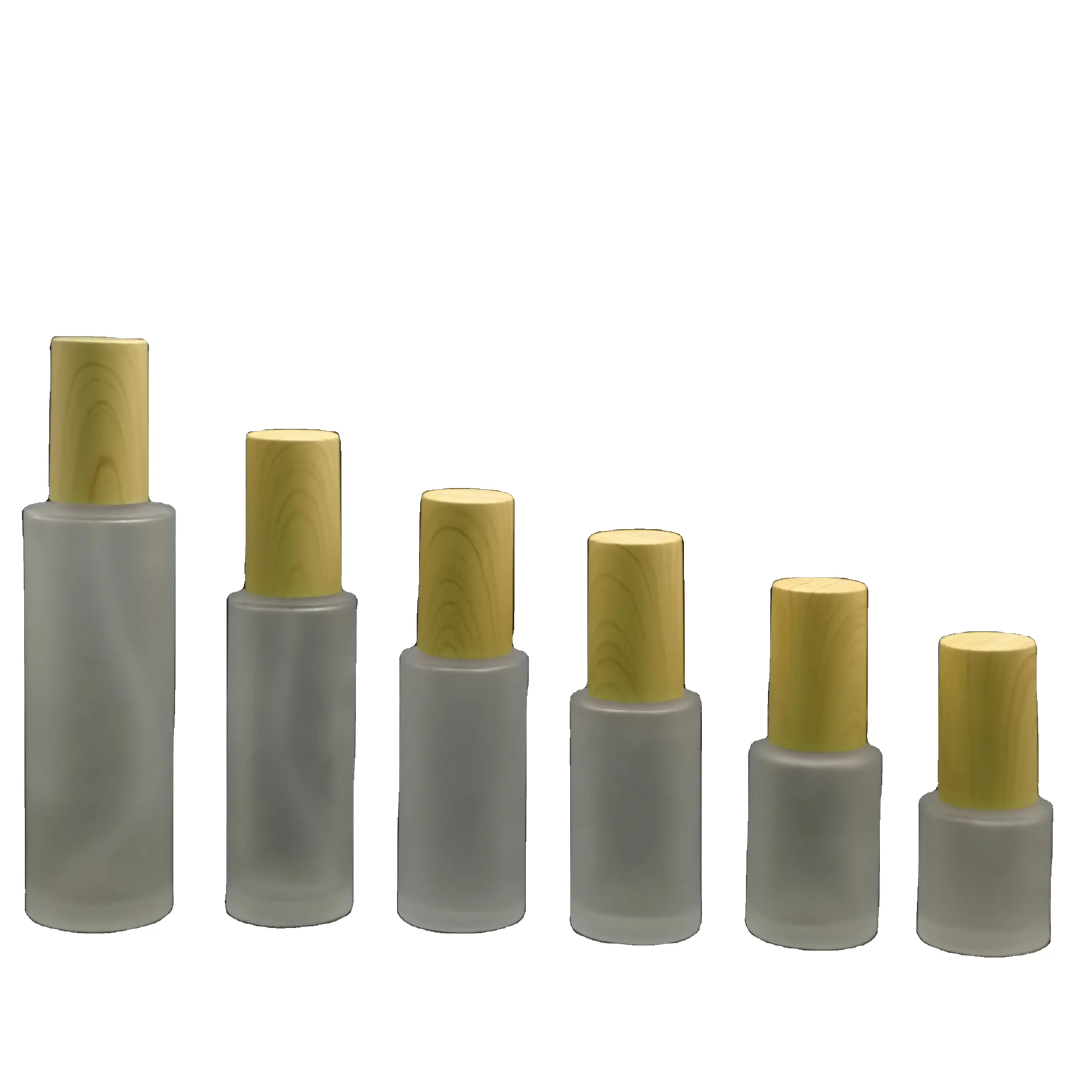 CYLINDER Empty Refillable Frosted Glass Cosmetic Cream Lotion Pump Bottles With Wood Grain Lid For Emulsion Essence Liquid
