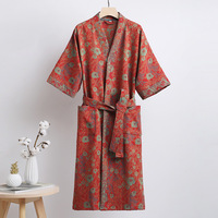 Peignoir en coton tricoté double couche 100 % coton, col en V, taille élastique, motif floral, respirant, séchage rapide, pour femme, collection Printemps
