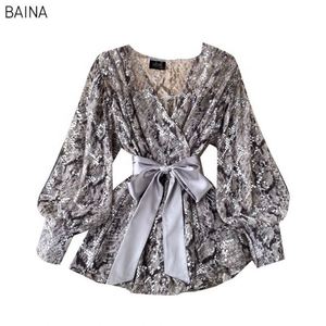 Nueva Blusa Retro para Mujer, Cuello en V, con Cordones, Mangas Largas Abullonadas, Blusas con Estampado de Piel de Serpiente - Product Image 5