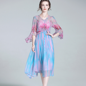 Nouvelle Robe Longue Taille Haute en Soie de Mûrier et Chiffon Dégradé, Style Vacances, Anti-statique, Effet Rajeunissant, Style Français Doux A76 - Product Image 3