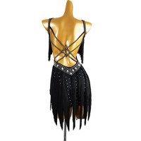 Robe de danse une pièce à double bretelle avec strass et pompons pour la compétition de danse latine