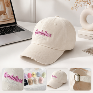 Gorra de papá de sarga de 6 paneles, estilo vintage, lavada y desgastada, color pastel macaron, con bordado de letras 3D <span class=keywords><strong>Goodvibes</strong></span> y visera deshilachada, ajustable - Product Image 4