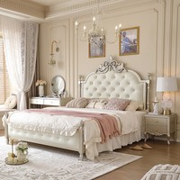 Lit de princesse en bois massif sculpté à la française, lit rembourré en cuir, taille Queen/King, luxe européen, chambre principale, lit double pour mariage