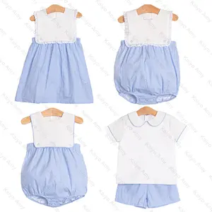 2024 woven blue gingham summer outfits for baby girls lace ruffle sibling matching kids boys clothing set